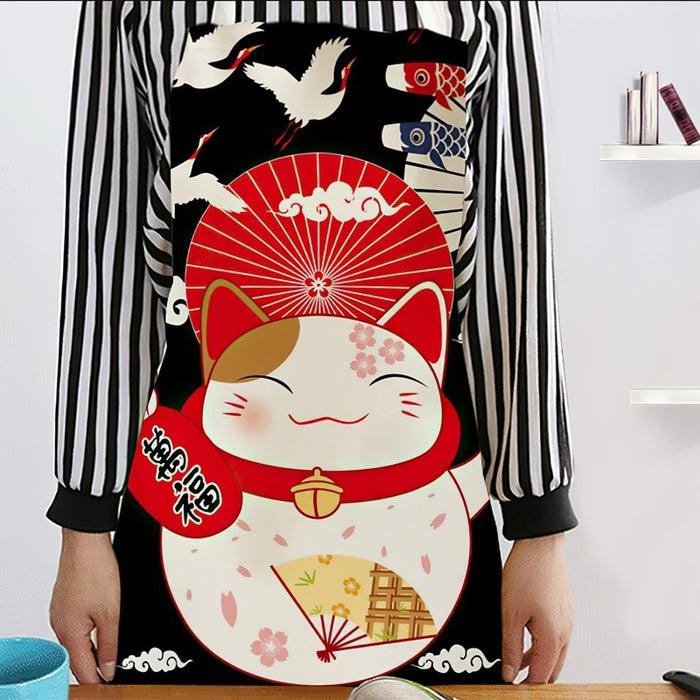 Schürze aus Baumwolle und Leinen, japanische Cartoon-Glückskatze, die ärmellos kocht