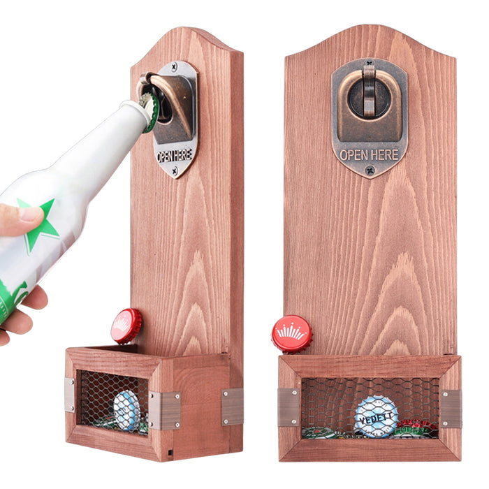 Küchen-Flaschenöffner, rustikales, an der Wand befestigtes, offenes Werkzeug aus Holz mit Kappe