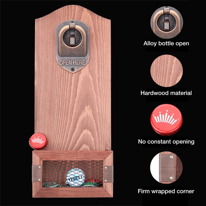 Küchen-Flaschenöffner, rustikales, an der Wand befestigtes, offenes Werkzeug aus Holz mit Kappe