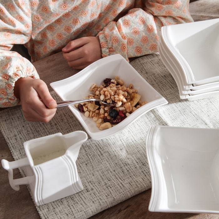 MALACASA 6 pieces FLORA White Porcelain Square Soup Cereal Oatmeal