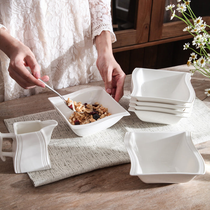 MALACASA 6 pieces FLORA White Porcelain Square Soup Cereal Oatmeal